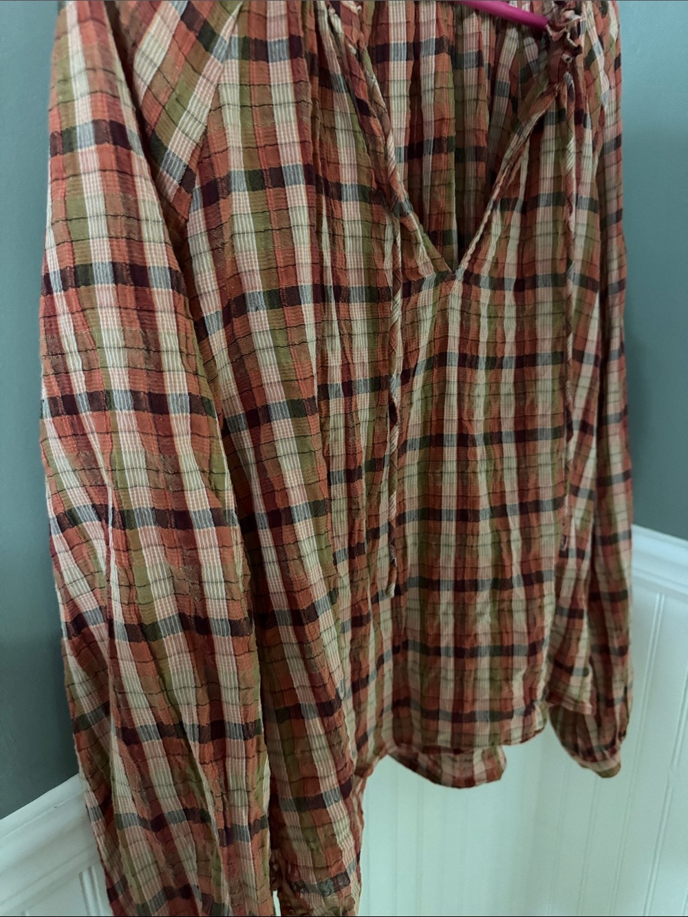 Faherty Analiese Top Relaxed Plaid Peasant Top - Rust/Beige XL - Picture 6 of 9